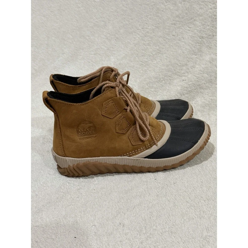 Sorel Out N About Rain Duck Boots Women 7 Tan/Brown Leather Waterproof NL3069